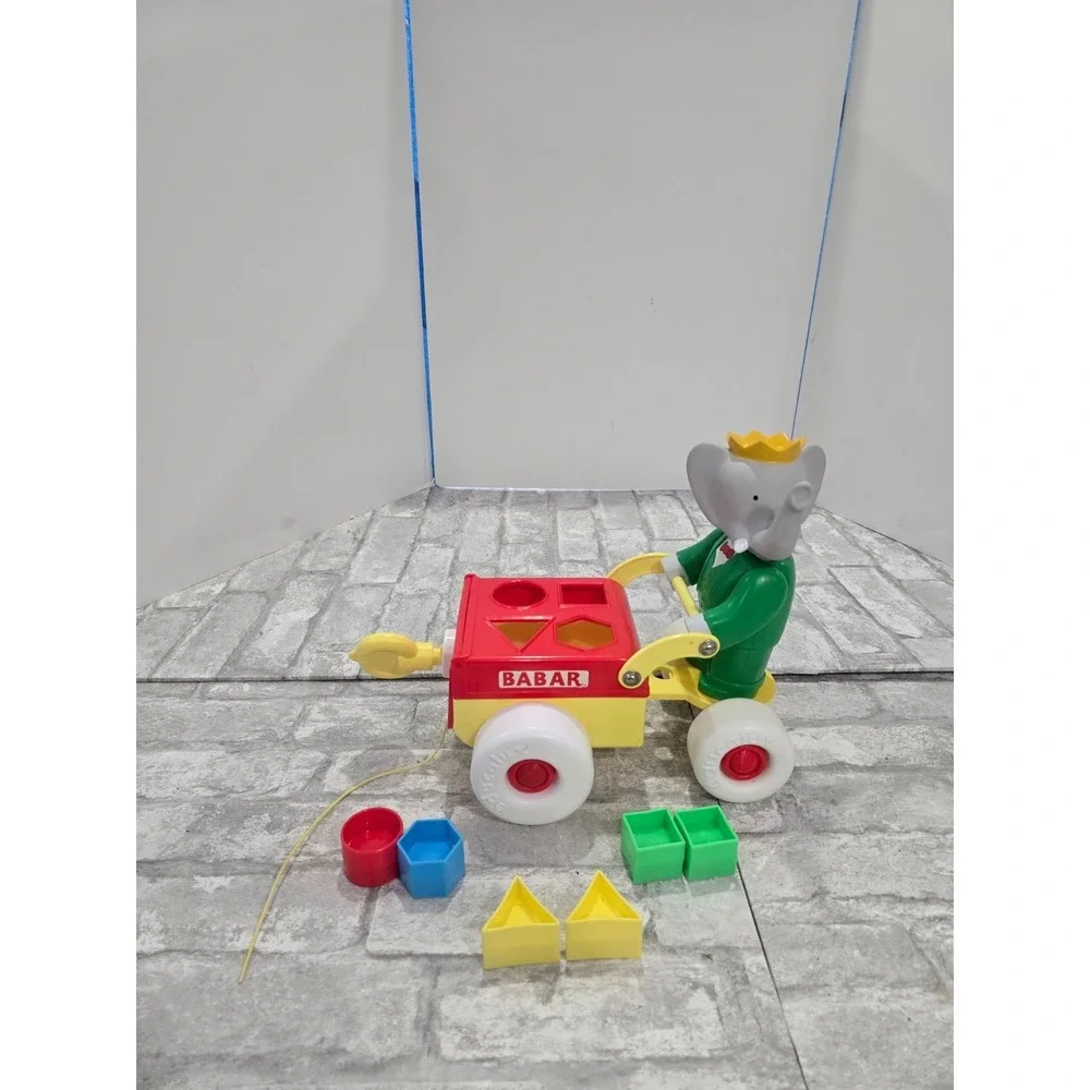 Babar the Green Elephant Pull Toy Pushing Cart with Shapes and Blocks VIDEO Rare